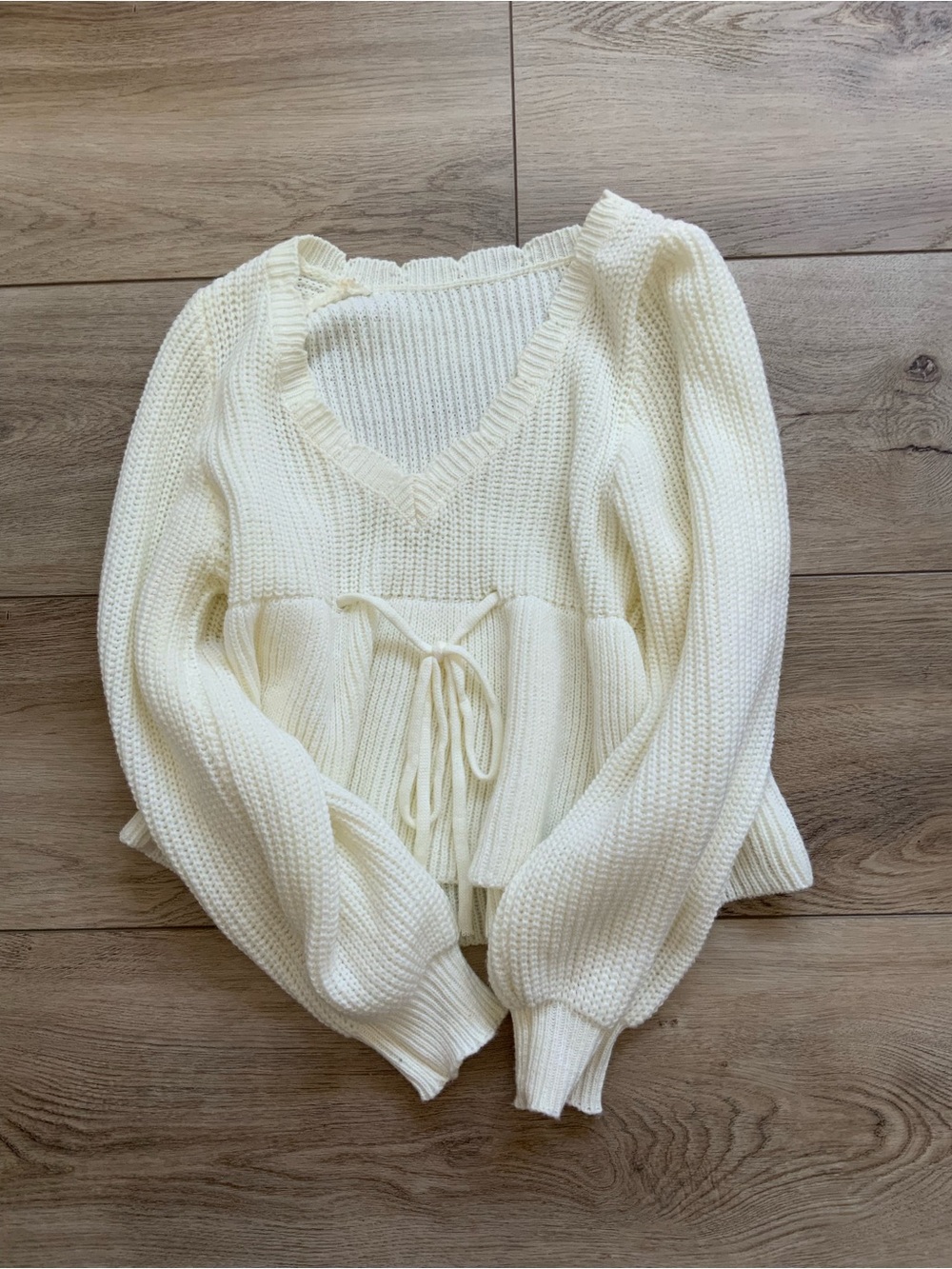 Women's Cream V-Neck Knit Sweater with Tie Waist